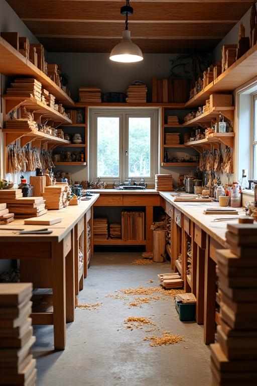 The interior of the Artisan Grove workshop with wood and tools.