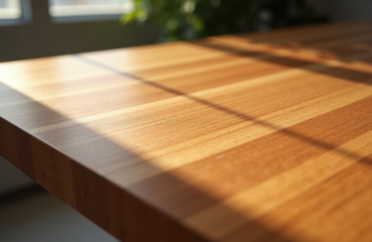 Close-up of a beautifully finished handcrafted wooden table.