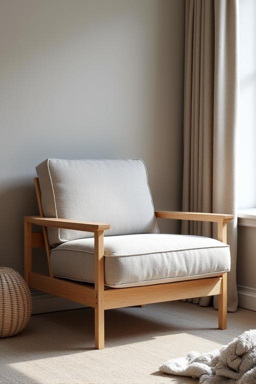 An elegant ash armchair with wool upholstery.
