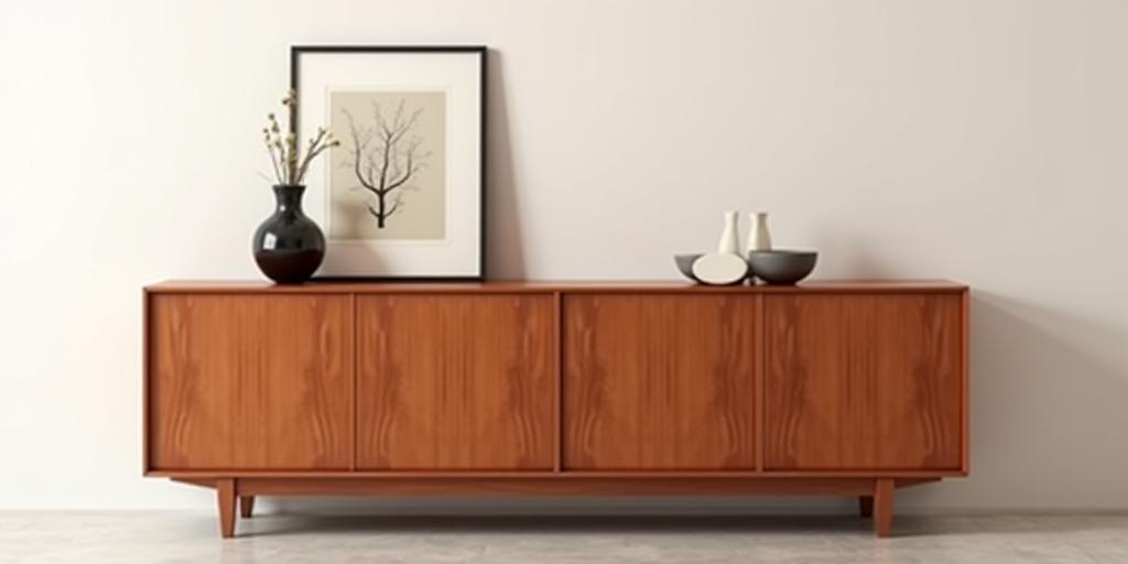 A cherry wood sideboard with clean lines.