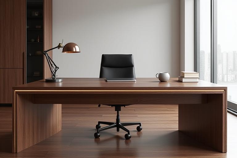 A modern walnut desk with brass details.