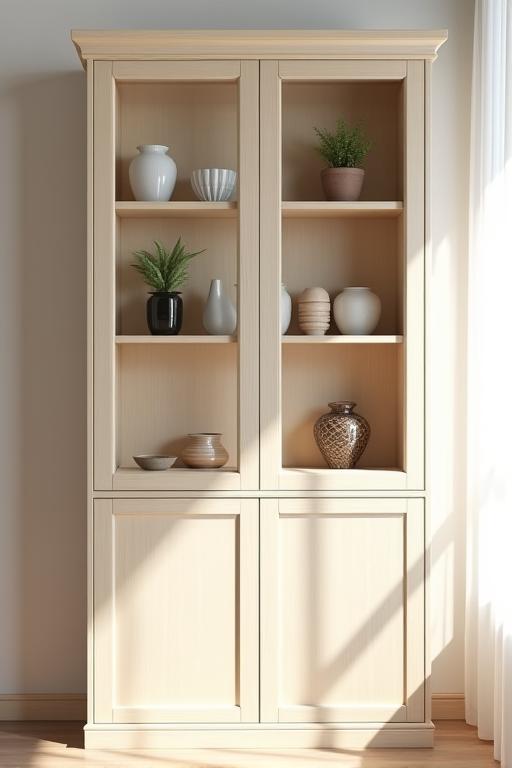 A light sycamore wood display cabinet.