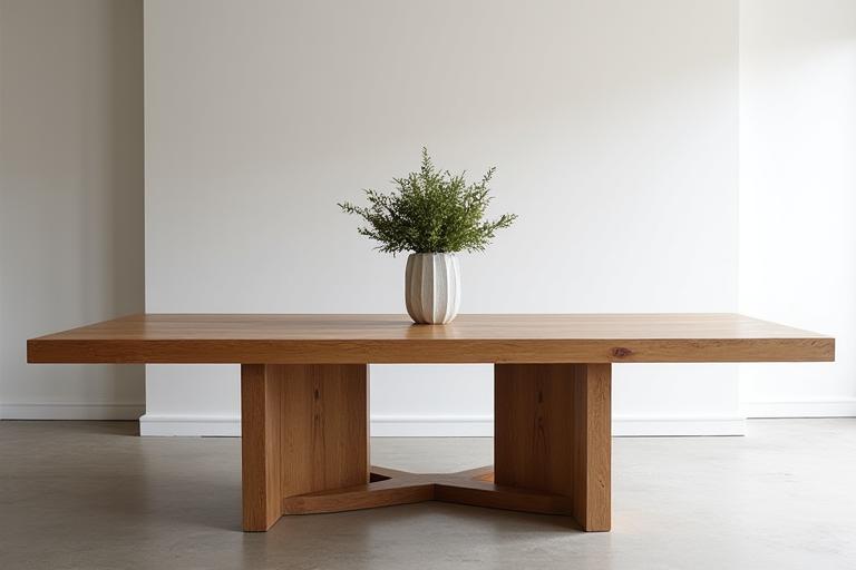 A large, solid oak dining table.